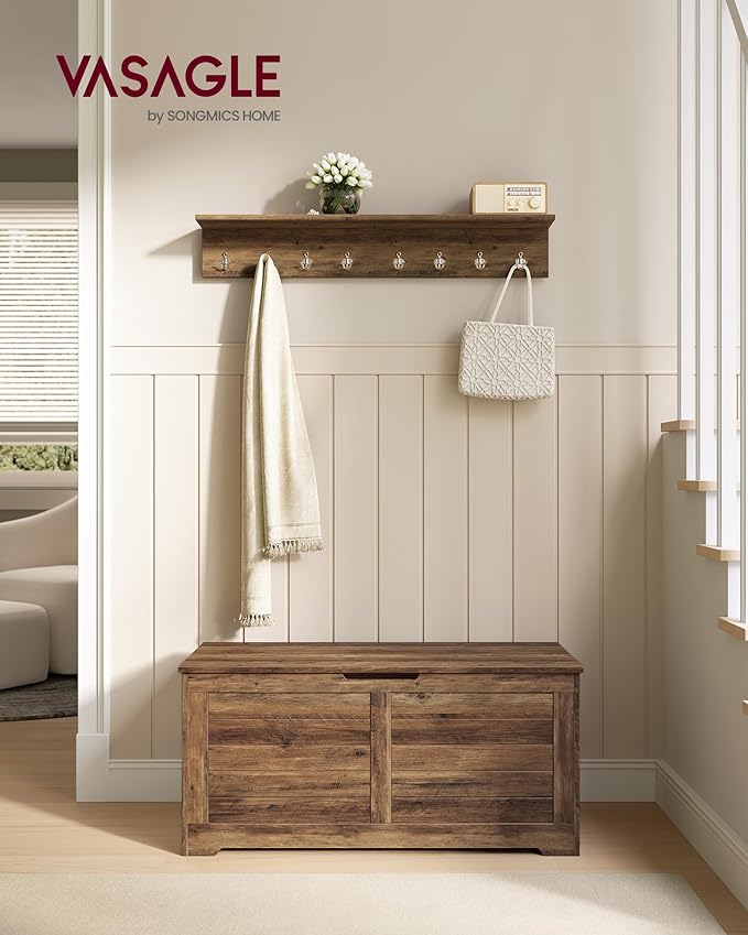 VASAGLE Storage Chest, Storage Bench with 2 Safety Hinges, Farmhouse Style, 15.7 x 39.4 x 18.1 Inches, for Entryway, Bedroom, Living Room, Honey Brown ULSB061K01