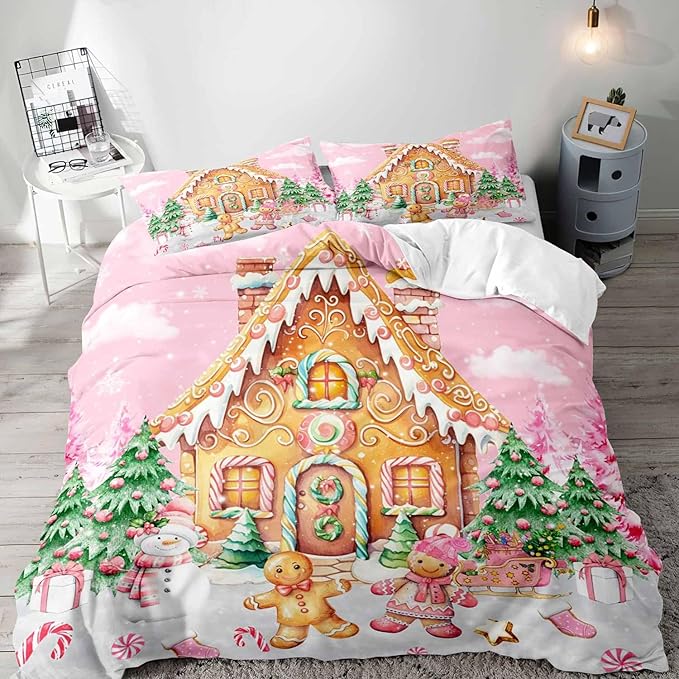 LUVIVIHOME 3PCS Pink Gingerbread House Duvet Cover Queen Bedding Set, Teen Girl Bedding, Gingerbread Man Snowman Christmas Tree Candy Cane Winter Holiday Kids Christmas Comforter Cover, 2 Pillow Cases