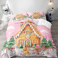 LUVIVIHOME 3PCS Pink Gingerbread House Duvet Cover Queen Bedding Set, Teen Girl Bedding, Gingerbread Man Snowman Christmas Tree Candy Cane Winter Holiday Kids Christmas Comforter Cover, 2 Pillow Cases