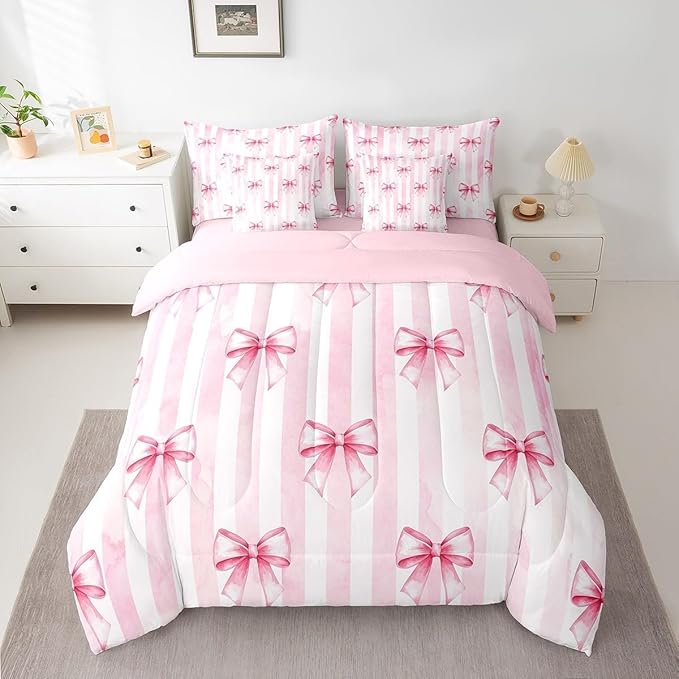 7 Pieces Pink Bowknot Kids Comforter Twin,Bow Tie Geometric Stripe Bedding Set,Butterfly Knot Princess Style Fashion Pink Romantic（Comforter+Fitted+Flat Sheet+2 Pillowcases+2 Throw Pillow Covers）