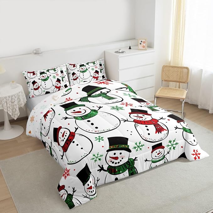 Feelyou Christmas Comforter Set All Season Snowman Bedding Set with 1 Pillow Cases Snowflake Microfiber Kids Toddler Bedclothes Bedroom Decor Duvet Quilt Breathable Soft Lightweight
