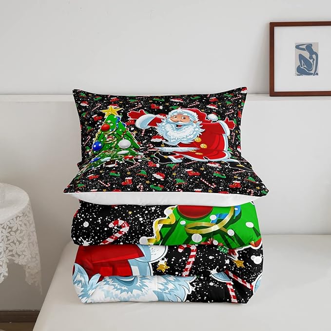 Feelyou Merry Christmas Comforter Set Santa Claus Christmas Tree Galaxy Red Black Bedding Quilt,Soft Warm Lightweight,Queen Size for Girls Boys Kids 1 Comforter + 2 Pillow Cases Boys