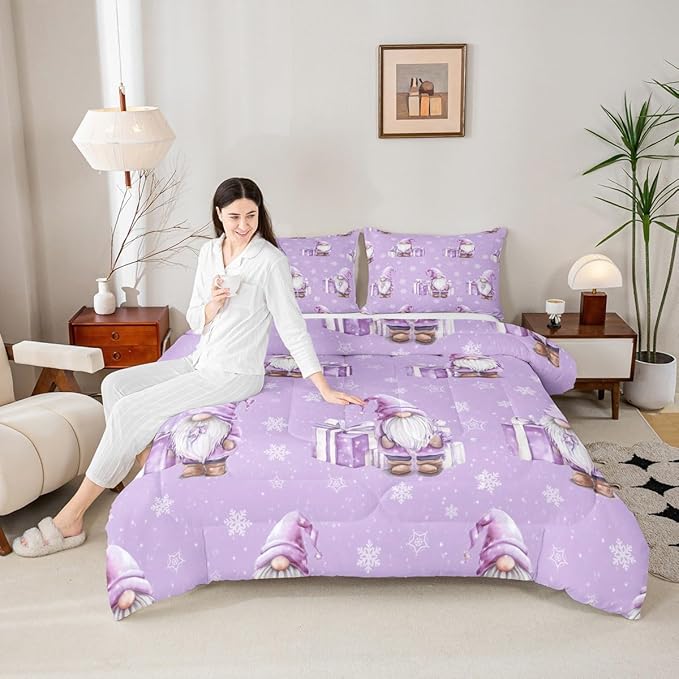 Feelyou Purple Christmas Kids Comforter Set Full Size Scandinavian Christmas Santa Gnomes Bedding Set Xmas Snowflake Duvet Quilt for Kids Boys Girls Bedroom Decor Ultra Soft Breathable