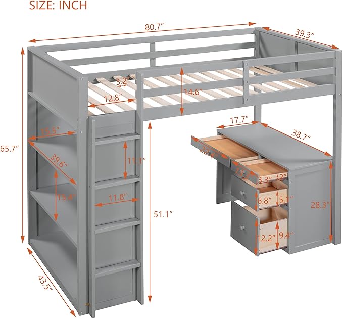 CITYLIGHT Twin Loft Bed with Desk and Shelves,Wooden Twin Size Loft Bed with Desk and Storage Drawers, Space Saving Loft Bed Twin for Kids Girls Boys (Twin,Grey)