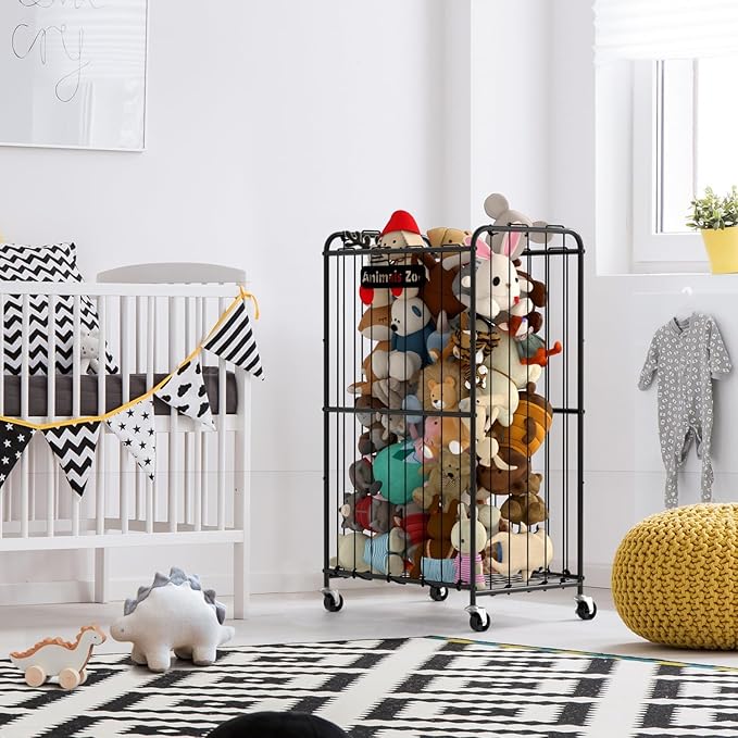 210L Stuffed Animal Storage Organizer Plush Toy Storage Organizer Stuffed Animal Toy Holder, Kids Toy Bins with Wheels, Metal Frame and Elastic Cord Design, Suitable for Storage of Big Toys