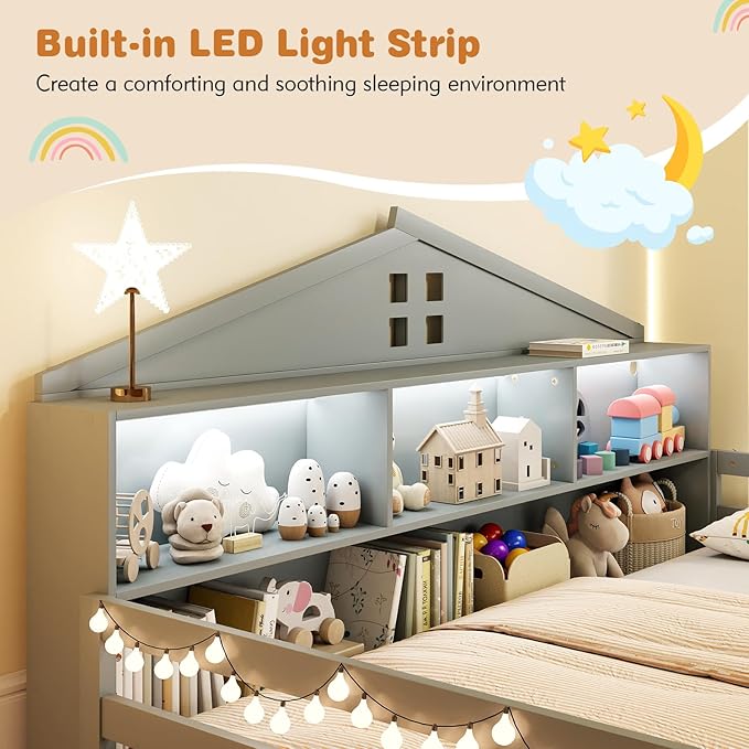 Giantex Twin Size Montessori Floor Bed with LED Lights, 2-in-1 Wooden House Bed Frame with Safety Guardrails, Storage Compartments & Shelf, No Box Spring Needed, Without Slats, Gray