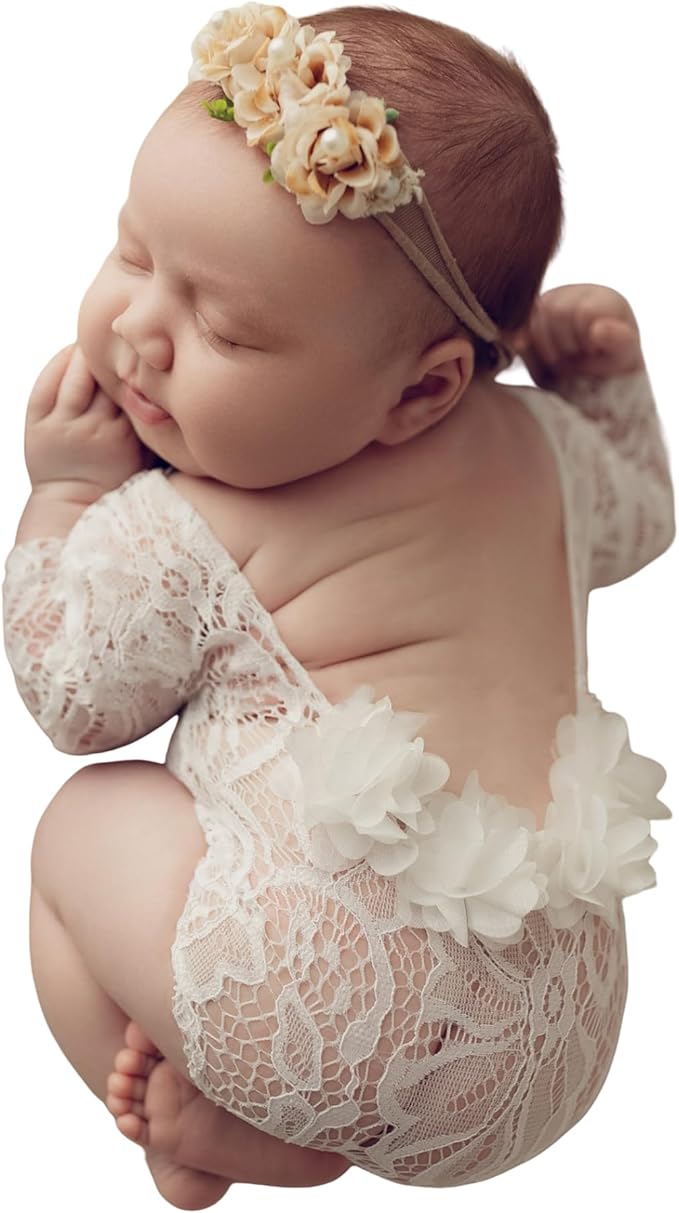 Newborn Lace Romper, 2 PCS Baby Girl Photography Props, Newborn Girl Photography Outfits with Flower Headband for Infants