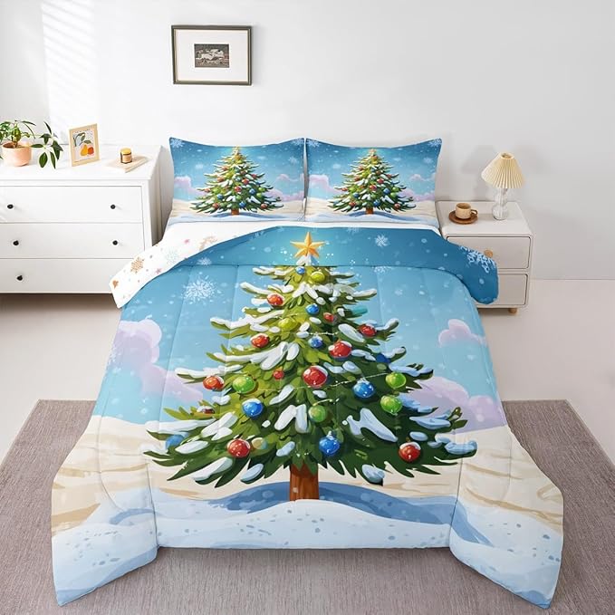 Feelyou Christmas Bedding Set Soft for Boys Girls, Xmas Tree Comforter Set Full Size Christmas Tree Ornaments Duvet Quilt Microfiber Winter Snowflake Bedroom Decor 3 Pcs with 2 Pillow Cases