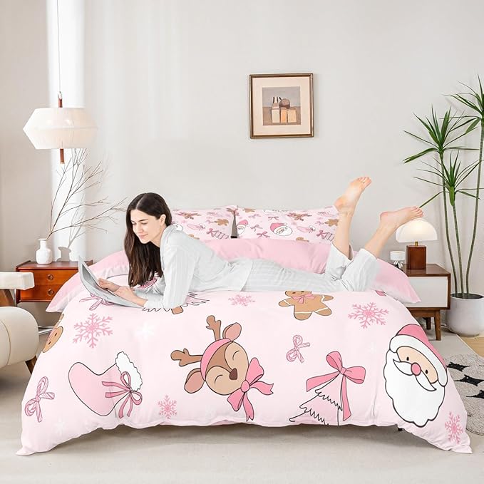 Feelyou Kids Pink Christmas Bedding Set King Size Merry Christmas Snowman Duvet Cover for Boys Girls Teens Bedroom Decor Santa Claus Comforter Cover Soft Microfiber Xmas Tree Deer with 2 Pillow Case