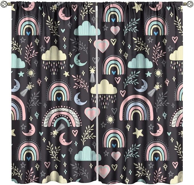 Boho Rainbow Curtains for Kids Nursery Colorful Floral Sun Star Clouds Pastel Bohemian Pattern Print Window Drapes for Girl Bedroom Living Room Kitchen Decor,2 Panel Set,52Wx84H Inch Blackout
