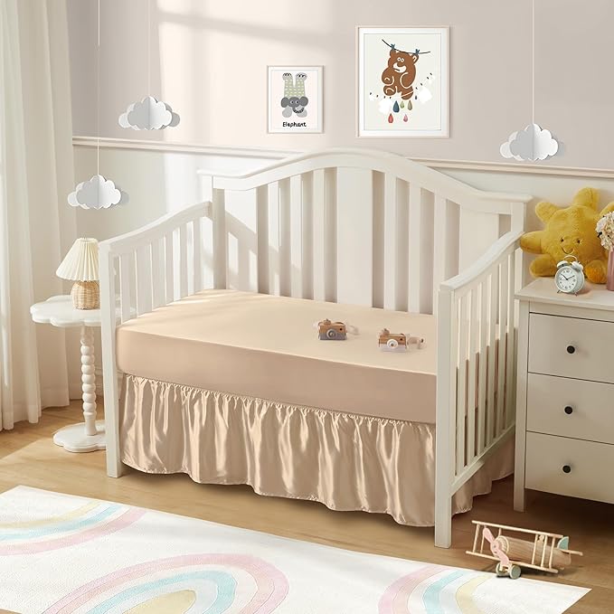 SiinvdaBZX 2-Piece Set Satin Crib Sheets & Crib Bed Skirt, 52" x 28" Silky Soft Ruffled Baby Crib Skirt with Adjustable Elastic 14" Drop, Fit for Standard Crib & Toddler Bedding (Beige)