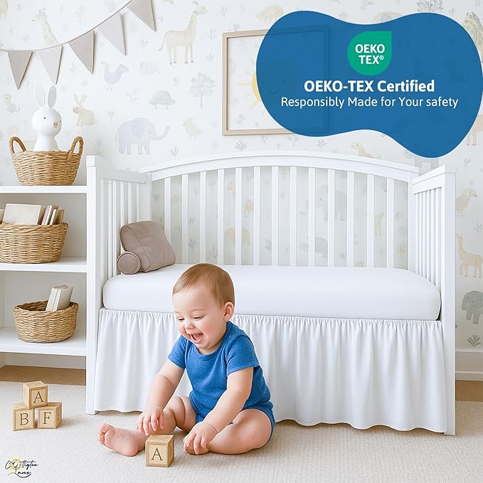 Cottington Lane White Infrant Crib Bed Skirt Dust Ruffle with Split Corner, 100% Natural Cotton Nursery Crib Toddler Bedding Skirt for Baby Girls or Boy, Fits Standard Cribs 28" x 52" with 14" Drop