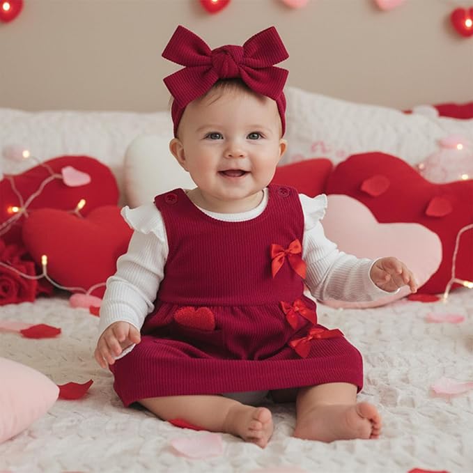 FIOMVA My First Valentines Day Outfit Clothes Baby Girl Romper Love Onesie Heart Embroidery Overalls Suspender Dress Set
