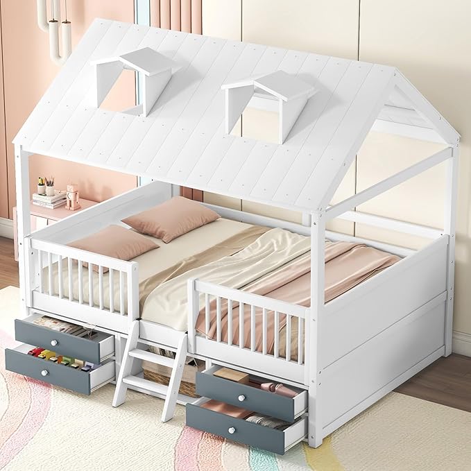 Merax Full Size Wood House Bed Frame with Full-Length Fence and 4 Storage Drawers, Funny Playhouse Tent Bed with Roof and 2-Step Ladder for Children Boys Girls Bedroom, No Box Spring Needed, White