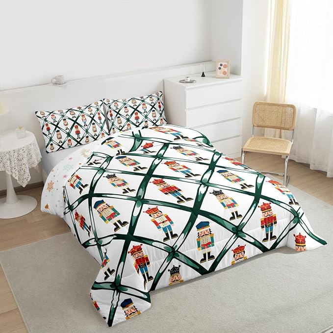 Feelyou Cute Nutcracker Bedding Set Soft for Boys Girls,Green Lattice Pattern Comforter Set King Size Colorful Duvet Quilt Microfiber Funny Soldier Bedroom Decor Kawaii 3 Pcs with 2 Pillow Cases