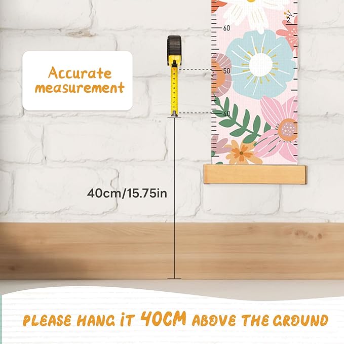 Personalized Name Growth Chart Wall Decor for Kids – Canvas Removable Height Chart Measuring Ruler 59" x 7.9" (Big Flower)