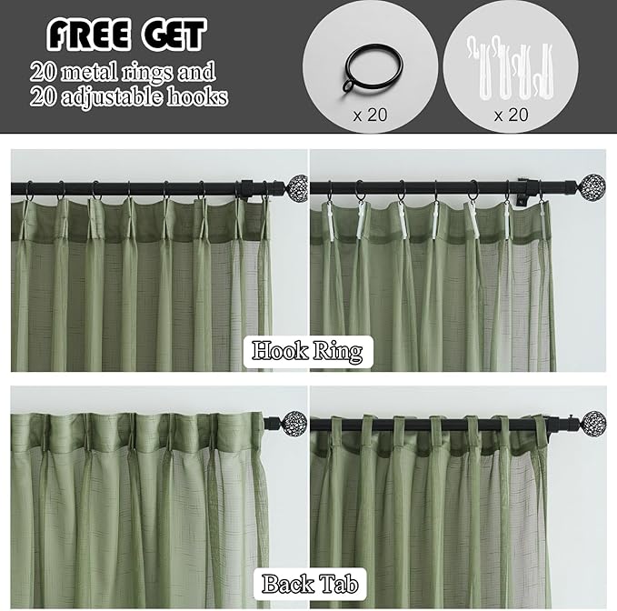 Sage Green Pinch Pleated Sheer Curtains 90 Inches Long 2 Panels, 50 Inches Width, Rustic Linen Look Light Filtering Drapes Decor, Thin Textured Transparent Window Curtain Panels