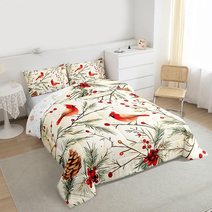 Feelyou Cardinal Bird Kids Comforter Set King Size Pine Branch Bedding Set Red Berry Duvet Quilt for Kids Boys Girls Bedroom Pine Cone Decor Winter Christmas Pattern Microfiber Ultra Soft Breathable