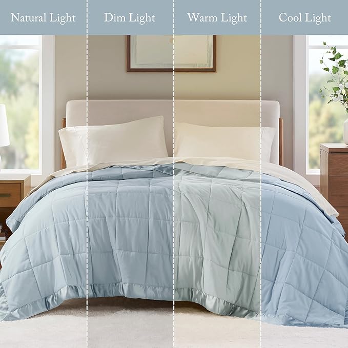 Madison Park Windom Down Alternative Blanket, Premium 3M Scotchgard Moisture Wicking Treatment, Lightweight and Soft Bed Cover For All Season, Satin Trim, Blue Full/Queen