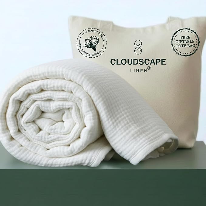 Cloud Scape Linen Oversized 4 Layer Muslin Blanket Twin Size - 100% Cotton, Lightweight & Breathable All Season Gauze, Pre-Washed, for Bed, Couch, fits Twin XL Bed,68x92, White