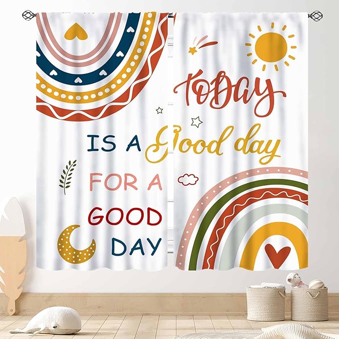Rainbow Curtains for Classroom, Kids Girls Baby Boho Cute Inspirational Motivational Quotes Cartoon Colorful Pastel Nursery Classroom Bedroom Living Room Bathroom Window Drapes 2 Panels, 42"x45" Inch