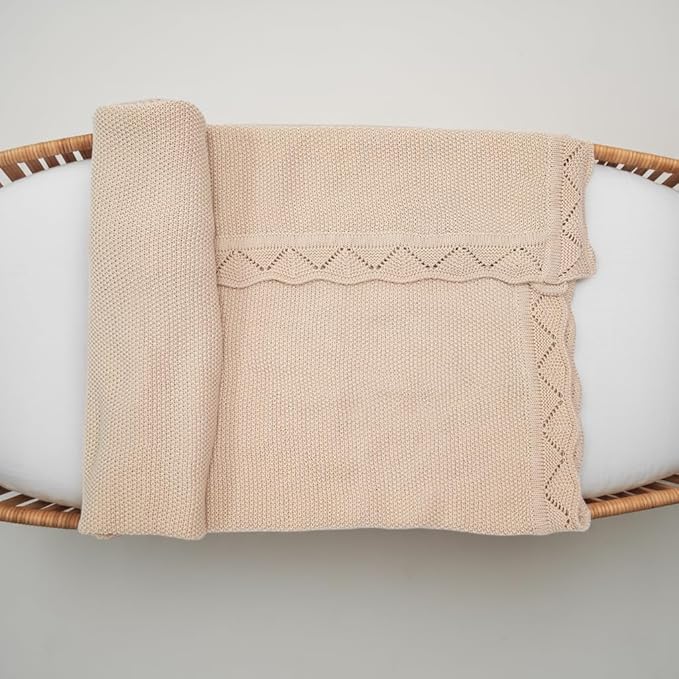 Baby Knit Blanket Soft Breathable Cotton Scallop Border Blankets Newborn Knitted Blanket Swaddle Blankets Gifts for Baby Newborn Toddler Shower Boy Girl New Mom Birthday Christmas Beige 30x30