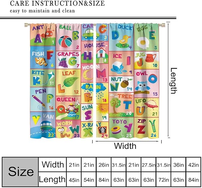 Colorful ABC Classroom Nursery Curtains Kids Alphabet Learning Baby Boys Girls Curtain with Rod Pocket for Children Toddler Playroom Home Drapes Window Treatments 2 Panels Set 42" W X 45" L