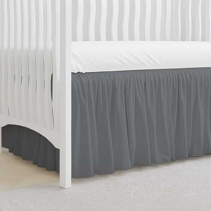 Crib Bed Skirt Dust Ruffle with Split Corners, 100% Cotton, Dark Grey Nursery Crib Skirt for Baby Boys or Girls, 28x52, 14" Drop, Toddler Bed Skirt, Baby Bedding, Crib Sheet Skirt, Soft & Breathable