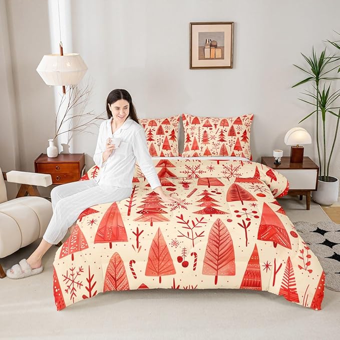 Feelyou Christmas Bedding Set Soft for Boys Girls, Xmas Tree Comforter Set Twin Size Snowflake Candy Duvet Quilt Microfiber Pine Tree Bedroom Decor 2 Pcs with 1 Pillow Cases
