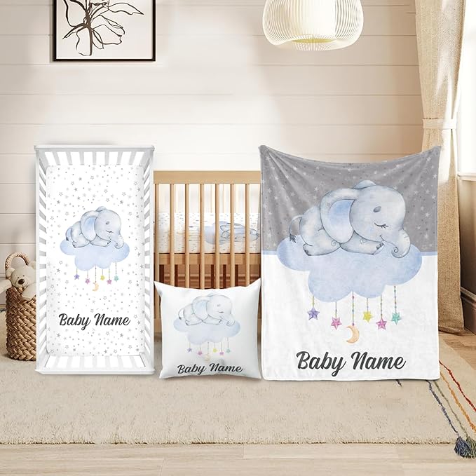 Custom Crib Bedding Set - Elephant Design Personalized Name Baby Nursery Bedding 3 Pcs Set - Chic Soft Blanket, Sheet, Pillowcase for Newborns Boys Girls Gifts Color05