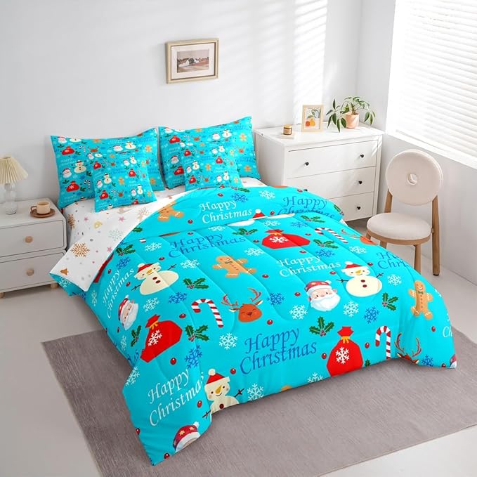 Christmas Deer Comforter Set With Sheets 7 Piece Queen Size Cute Gingerbread Man Bedding Set for Kids Boys Girls Christmas Santa Claus Bed in a Bag Reversible Xmas Decor Room Decor Soft Lightweight
