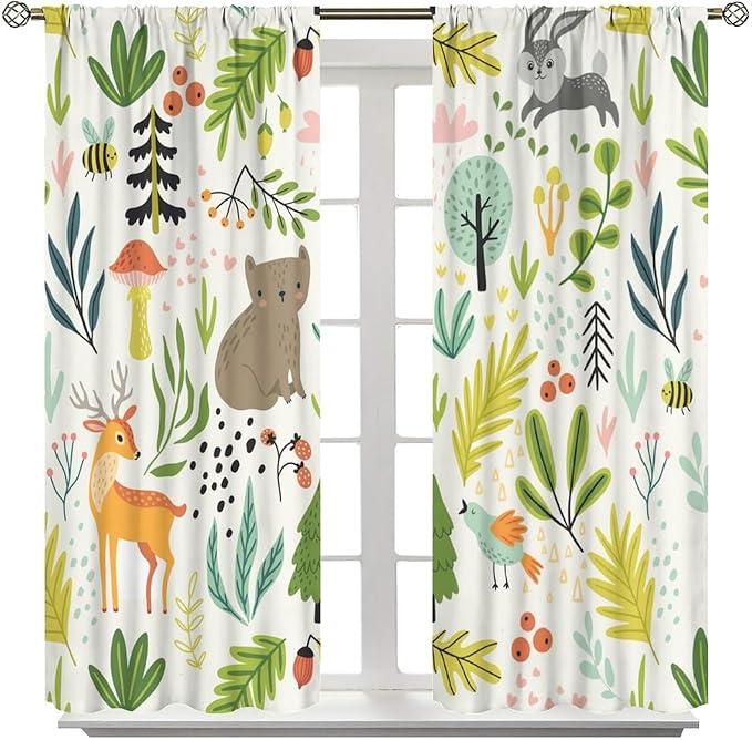 Kid Forest Animal Curtains,Woodland Animal Cartoon Watercolor Forest Hedgehog Fox Toddler Boys Girls Bedroom Living Room Window Drapes 52x84in