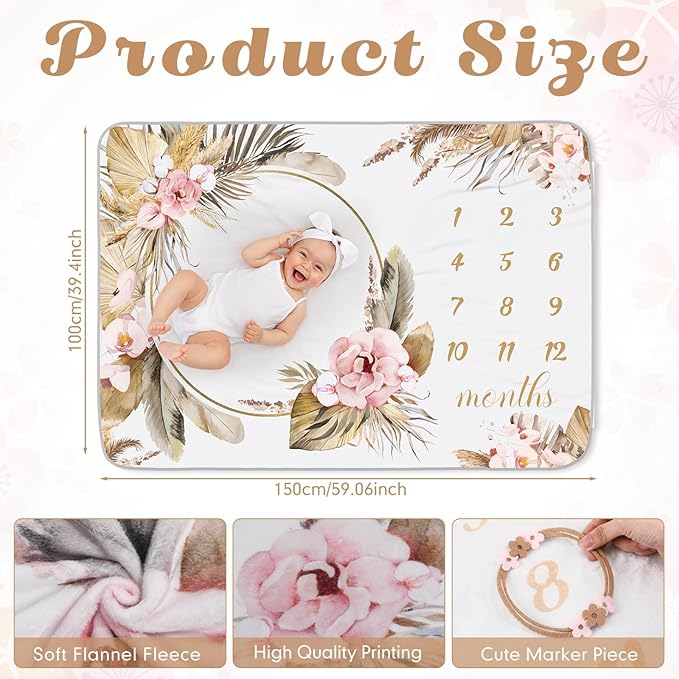 Chumia Baby Monthly Milestone Blanket for Girl Boy 59"x39" Floral Boho Photo Prop Blanket Baby Age Milestone with Felt Wreath Frame