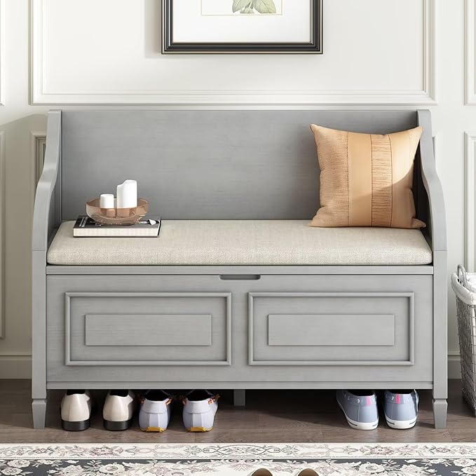 Merax Storage Bench, 41.9” Solid Wood Storage Chest with Backrest and Safety Hinge, Large Storage Space Bench with Upholstered Cushions,Supports 250 lb and Easy Assembly for Small Space, Gray