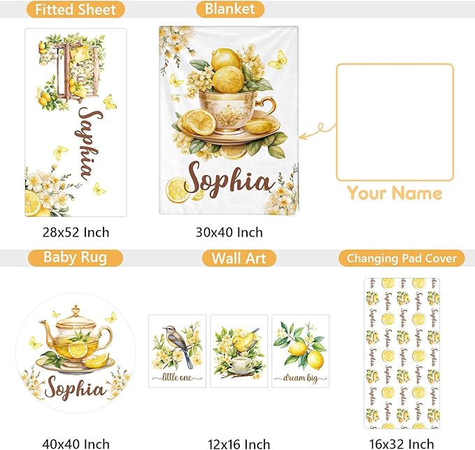 Personalized Baby Crib Bedding Set, 5 Pcs Custom Name Nursery Bedding Set, Lemon Tea Baby Bedding Set for Girls Boys, Double Layer Flannel Baby Crib Set, Toddlers Kids Infants Customized Gifts