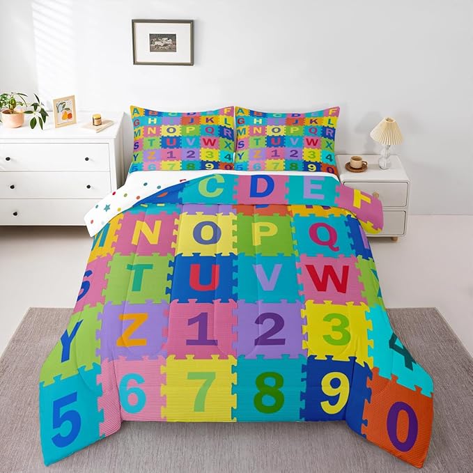 Feelyou Kids Puzzle Alphabet Numbers Comforter Set King Size ABC Letters Bedding Set for Kids Boys Girls Educational Duvet Quilt English Learning Bedroom Decor Microfiber 3 Pcs with 2 Pillow Cases