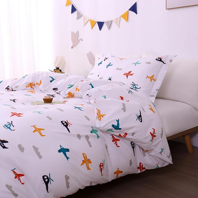 JSD Airplane Kids Duvet Cover Set Twin Size, 2 Piece Soft Printed Microfiber Comforter Cover with Pillow Sham Zipper Closure, Comforter Not Included