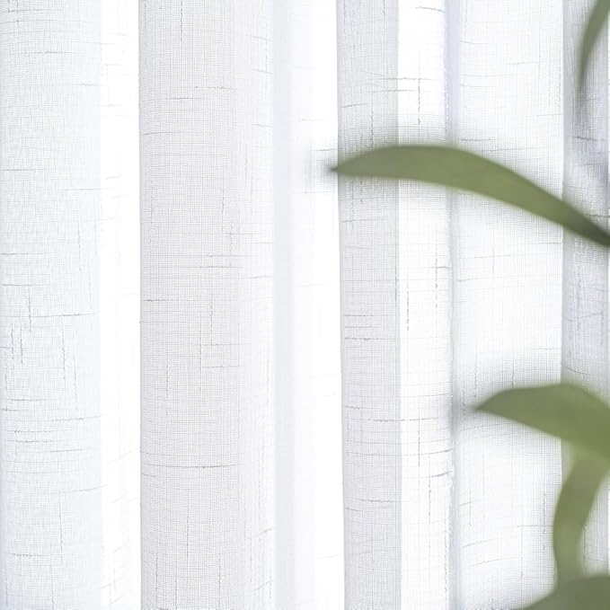 White Sheer Curtains 102 Inch Long 2 Panels Custom, Thin Textured Linen Look Window Sheers, Pinch Pleated Drapes for Living Room, Sliding Glass Door Curtain with Rings & Hooks & Back Tab