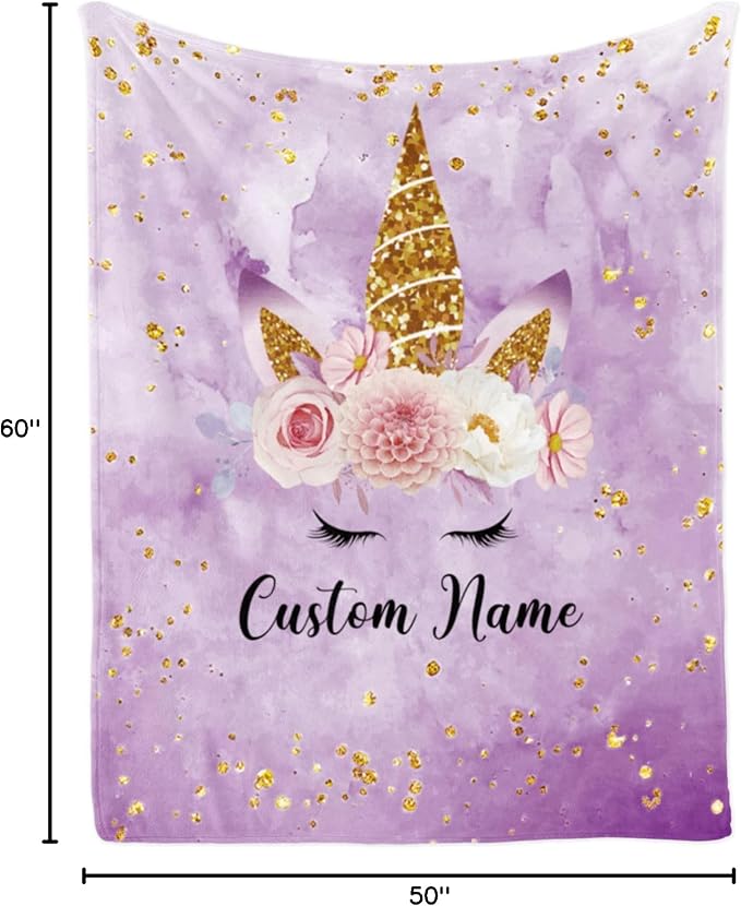 Personalized Horse Blanket with Name for Girl, Custom Name Blanket for Teen, Soft Flannel Purple Toddler Blanket Customized Gift for Birthday New Year Gift 50"x60"