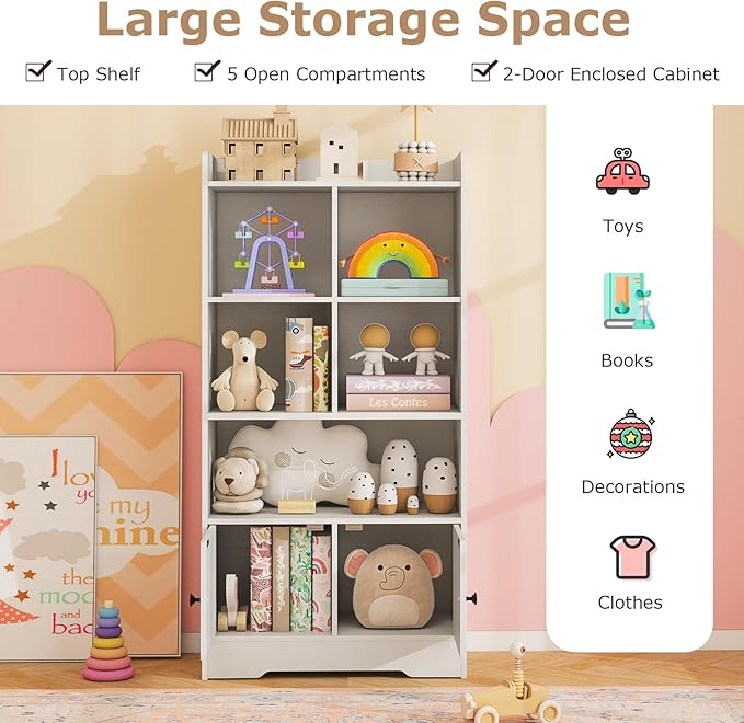 Costzon Kids Toy Storage Cabinet, 47.5" Tall Bookcase w/ 5 Open Compartments & 2 Doors, Multifunctional Display Shelf Home Organizer for Playroom, Nursery, Bedroom, Living Room, Study (White)