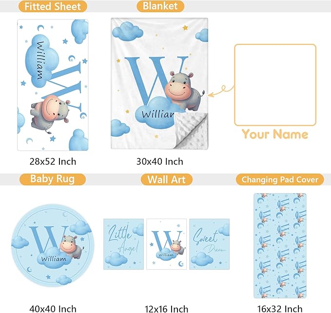 Custom Crib Bedding Set, 5 Pcs Personalized Name Baby Crib Sets for Newborns Infants Toddlers, Blue Hippo Nursery Bedding Set for Boys Girls, Double Layer Baby Bedding Sets Customized Gifts