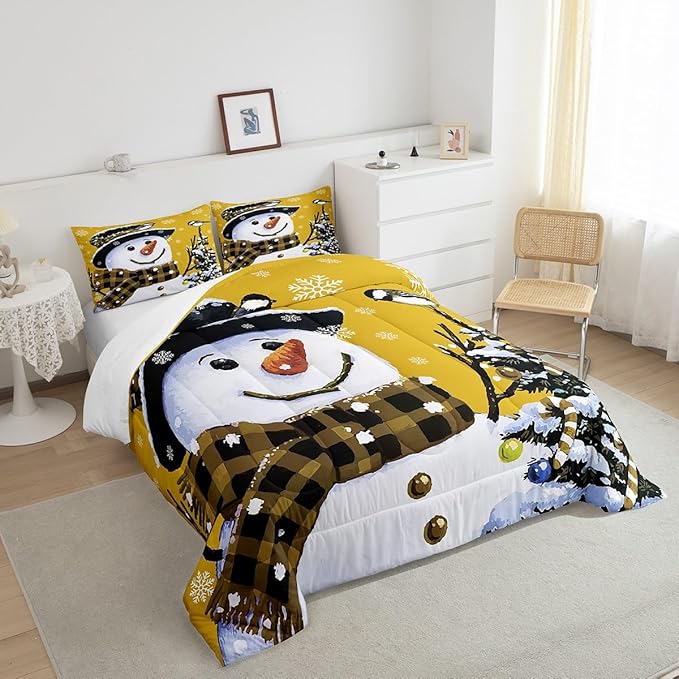 Feelyou Kids Christmas Theme Decorations Bedding Set Xmas Snowman Comforter Set for Boys Girls Snowflake Kawaii Cute Comforter Bright Yellow Quilt Set Bedroom Collection Queen Size