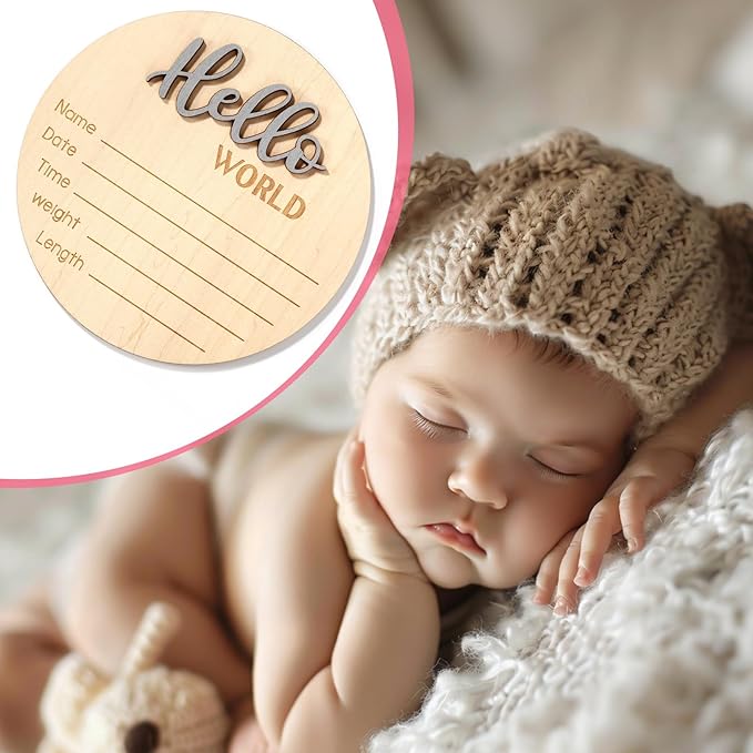 Newborn Announcement Sign, 5.9in Wooden Hello World Baby Welcome Sign Birth Plaques for Newborn Girls Boys Photo Props Baby Shower Hospital Nursery(Grey)
