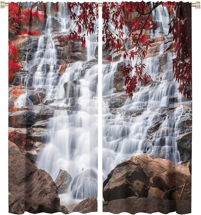 Waterfall Blackout Windows Curtains, Waterfall Red Forest Pattern Nature View Curtains, for Living Room Bedroom 55x63in 2 Panels