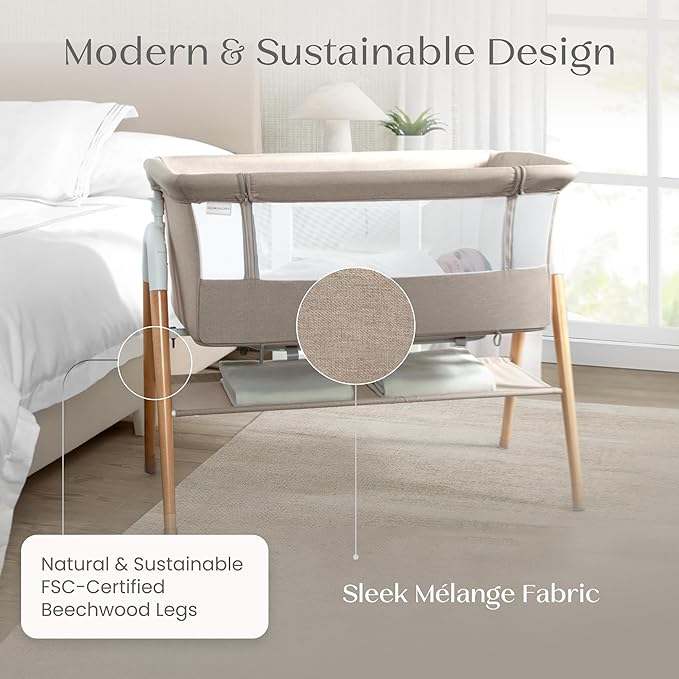 Delta Children Bondi Adjustable Height Bedside Beechwood Bassinet with PureAir Mesh Sheet and FSC-Certified Wood, Tan