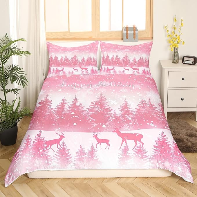Manfei Pink Glitter Duvet Cover Set Queen Size, Xmas Trees Deers Snowflakes Print Bedding Set 3pcs for Kids Girls Teens Bedroom Decor, Christmas Theme Comforter Cover with 2 Pillowcases,No Comforter