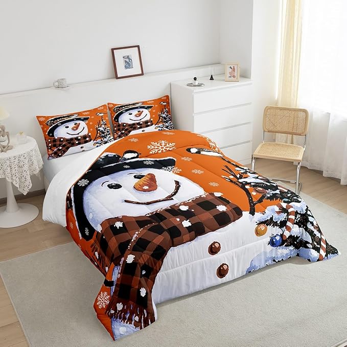 Feelyou Kids Christmas Theme Decorations Bedding Set Xmas Snowman Comforter Set for Boys Girls Snowflake Kawaii Cute Comforter Pumpkin Orange Quilt Set Bedroom Collection Queen Size