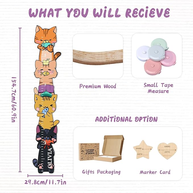Personalized Name Growth Chart for Wall, Kitten Eating Fish Wooden Height Chart, Thick Height Measuring Board for Boys and Girls, Measurement Ruler for Kids, Easy to Install