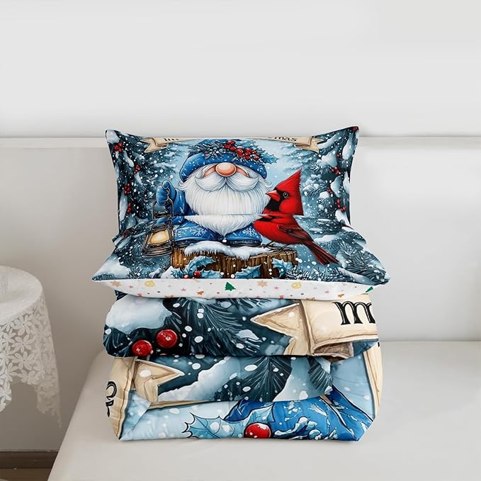 Kawaii Santa Claus Kids Bedding Set King Size,Poinsettia Cardinal Christmas Birds Comforter Set,Holly Berries Winter Snowflake Quilt Comforter,Blue Red Bedroom Duvet Insert,2 Pillowcases