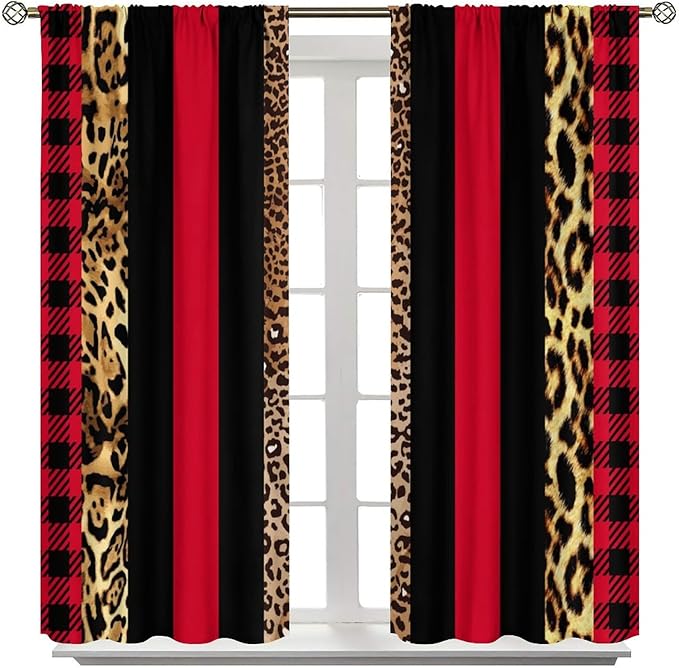 Leopard Skin Blackout Window Curtains, Brown Cheetah Red Black Plaid Stripe Print Window Drapes for Kids Boy Girls Bedroom Living Room 63" W X 63" L